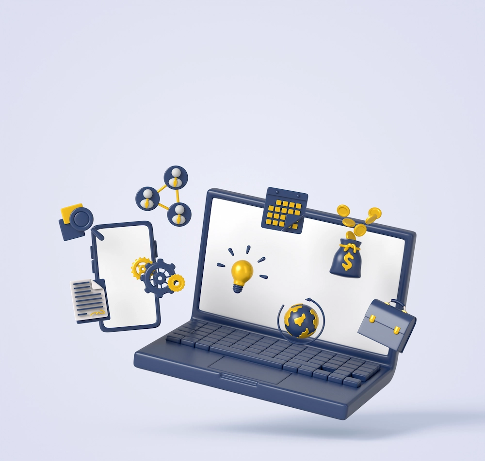 obrazek przedstawiający laptop i dookoła niego ikonki kalkulatora, pieniędzy itd