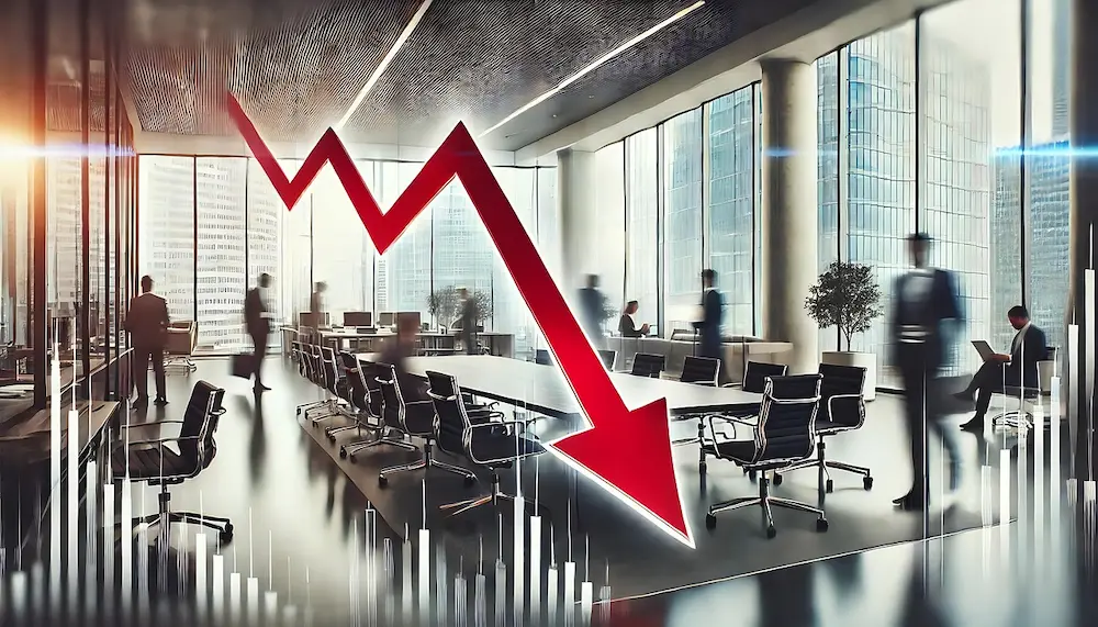 spadek wartości biznesu uwidoczniony czerwoną strzałką w dół